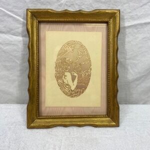 Vintage Art Nouveau Paper Cut Woman Butterfly Gold Gilt Ornate Frame Pink Silk